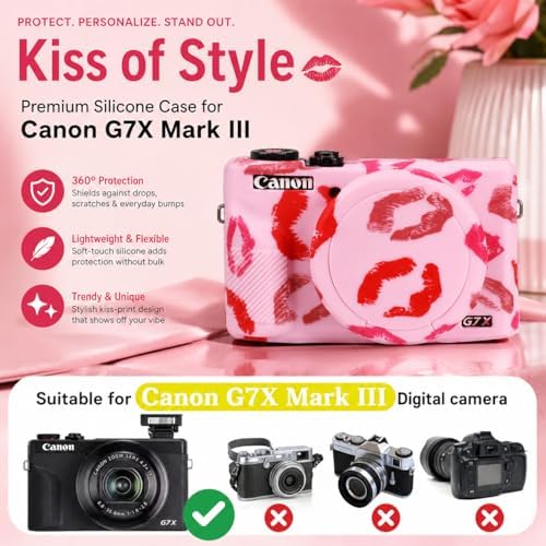 Cute Camera Case for Canon G7X Mark III,Silicone Protective Cover with Removable Lens Cap,Bracelet Wrist Strap & 2 Pack Tempered Glass Screen Protector for Women (Pink Lips) - Image 2