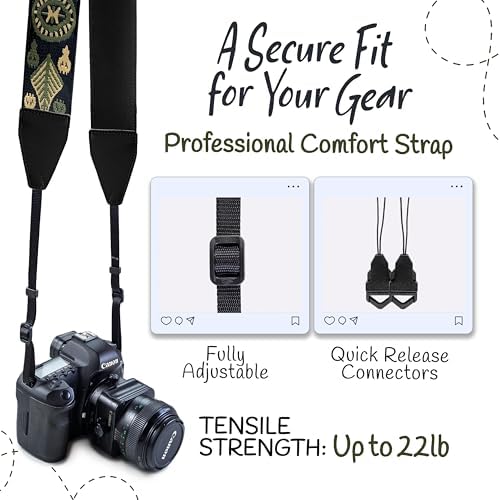 Art Tribute Camera Strap - Shoulder, Crossbody & Neck Camera Strap for Photographers, Fits All Cameras, Canon Nikon Sony Fujifilm, Padded Strap W/Quick Release, Embroidered Cotton & Leather Ends - Image 3