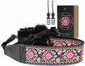 Padwa Lifestyle Pink Flower Camera Strap - 2" Full Grain Leather Ends Camera Straps for Photographers, Vintage Embroidered Cotton Weave Soft Suede Fabric Padded Strap Quick Release fits All Cameras by PadwaLifestyleCameraStrap