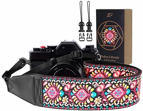 Padwa Lifestyle Pink Flower Camera Strap - 2" Full Grain Leather Ends Camera Straps for Photographers, Vintage Embroidered Cotton Weave Soft Suede Fabric Padded Strap Quick Release fits All Cameras by PadwaLifestyleCameraStrap