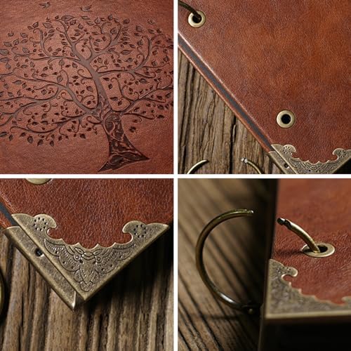 Photo Album DIY Scrapbook (10x10 inch 50 Pages Double Sided), Vintage Leather Cover Three-Ring Binder Family Picture Booth with 9 Color 408pcs Self Adhesive Photos Corners for Memory Keep, Tree - Image 3
