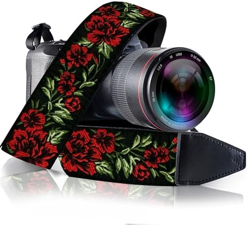 Camera Strap - Shoulder, Crossbody & Neck Camera Strap for Photographers, Fits All Cameras, Canon Nikon Sony Fujifilm, Padded Strap W/ Quick Release, Embroidered Cotton & Leather Ends, Red Roses by ArtTribute