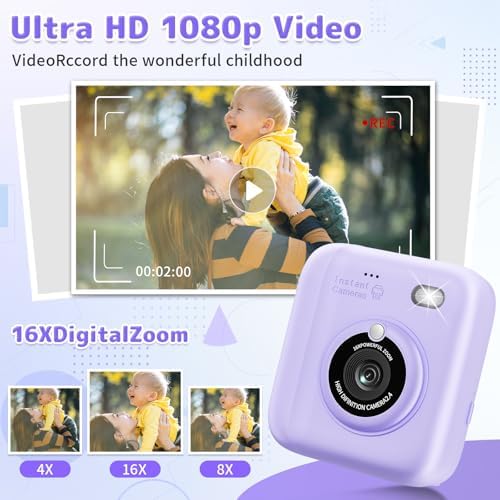 Instant Print Camera for Kids, Christmas Birthday Gifts for Girls Boys, 1080P Instant Digital Print Cameras for Toddler,Portable Toy for 4 5 6 7 8 9 10 Year Old Girl with 32GB SD Card，Purple - Image 4