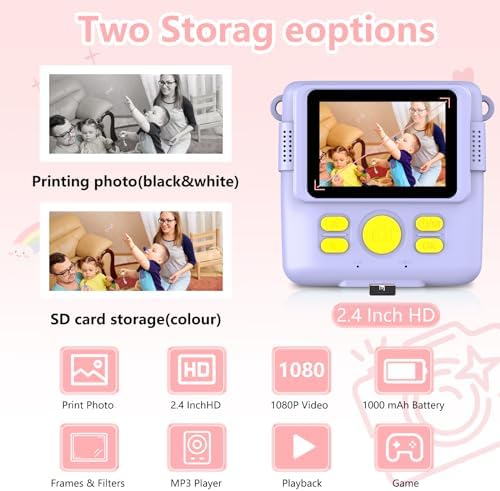 Instant Print Camera for Kids,Christmas Birthday Gifts for Age 3-12 Girls Boys，1080P HD Digital Video Cameras for Toddler,Kids Portable Toy with 3 Rolls Photo Paper，32GB Card-Purple - Image 2