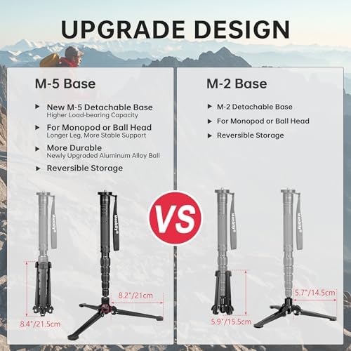 Manbily M-5 Tripod Base, Longer Desktop Tripod with Three Upgraded Extended-Leg, 3/8" Screw Monopod Stand Support for Ball Head/Fluid Head DSLR Camera Camcorder, Tilt 20° & Rotate 360° (Black) - Image 2
