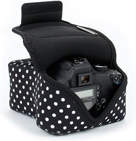 USA Gear Camera Sleeve (Medium) for Compact SLRs Compatible with Canon EOS R100 Nikon Z30 Sony ZV-E10, and more - Padded Neoprene DSLR Case with Zipper Accessory Pocket & Belt Loop (Polka Dot) by USAGEAR