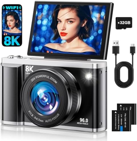 8K Digital Camera for Photography with WiFi 96MP Autofocus Vlogging Camera for YouTube Video 3.5'' 180°Flip Screen 20X Zoom Anti-Shake Compact Point and Shoot Cameras for Beginner Creator with SD Card by Unknown