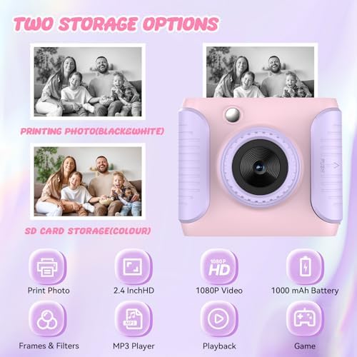 Kids Instant Print Camera,Christmas Birthday Gifts for Girls and Boys,1080P HD Video Digital Kids Camera with Print Paper&32G Card,Toddler Toy for 3-14 Years Old (Pink) - Image 3