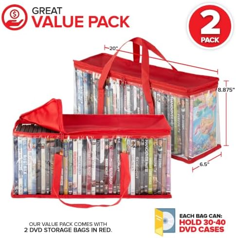 Stock Your Home DVD Storage Bags (Set of 2) Media Organizer Bag for DVDs, CDs, Blu Ray Disc, Movie Cases, VHS Box, Video Game Disks, Clear Plastic Holders with Carrying Handles and Zipper - Red - Image 2