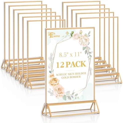 EHWINE 12 Pack Acrylic Sign Holder 8.5 x 11, Double Sided Gold Picture Frame Stand up Table Top Sign Holders, Clear Display Stand Menu Flyer Holder for Wedding Party (Provide Non-slip Mats) by EHWINE