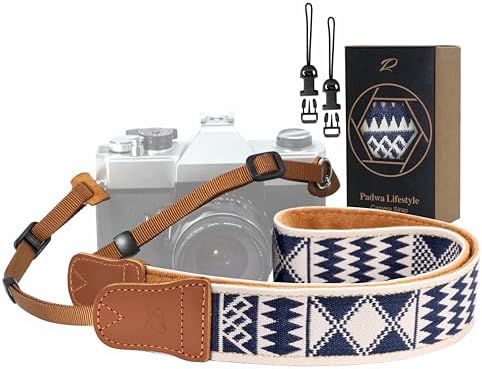Padwa Lifestyle Diamonds Camera Strap - 1.5" Crazy Horse Cowhide Ends Camera Straps for Photographers, Cute Cotton Weave Soft Suede Fabric Padded Strap fits All Cameras for Adults & Kids by PadwaLifestyleCameraStrap