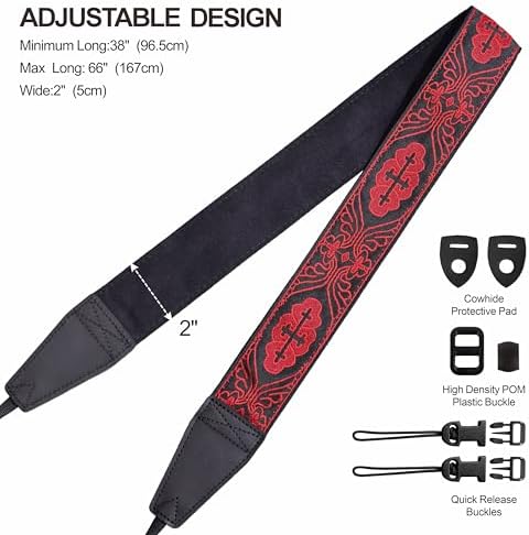 Padwa Lifestyle Camera Strap - 2" Full Grain Leather Ends Camera Straps for Photographers, Vintage Red Embroidered Cotton Weave Soft Suede Fabric Padded Strap Quick Release fits All Cameras - Image 6