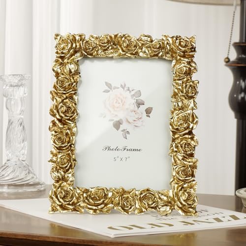 Cuspin 5x7 Gold Rose Picture Frame Vintage Ornate Floral Resin Photo Frame - Image 2