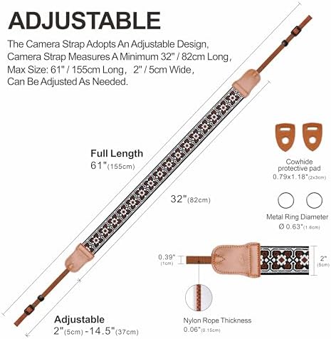 Padwa Lifestyle Brown Flower Camera Strap - 2" Cowhide Leather Head Cotton Camera Straps for Photographers,Vintage Jacquard Embroidery Adjustable Neck & Shoulder Strap for ALL DSLR/SLR Cameras - Image 5