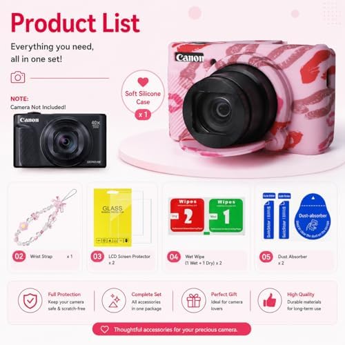 Cute Camera Case for Canon PowerShot SX740 HS/SX730 HS,Silicone Protective Cover with Removable Lens Cap,Wrist Strap & 2 Pack Tempered Glass Screen Protector for Women (Pink Lips) - Image 3