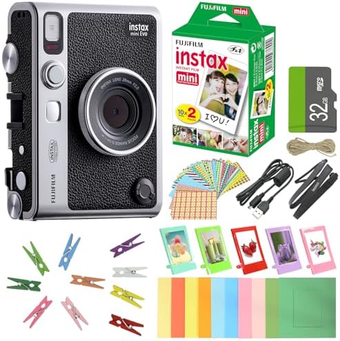 FUJIFILM INSTAX MINI EVO Hybrid Instant Camera + Fuji Instax Film Value Pack (20 Sheets) 32GB Accessories Bundle 5 Plastic Desk Frames + 10 Paper Frames Plus 60 Sticker Frames by FUJIFILM