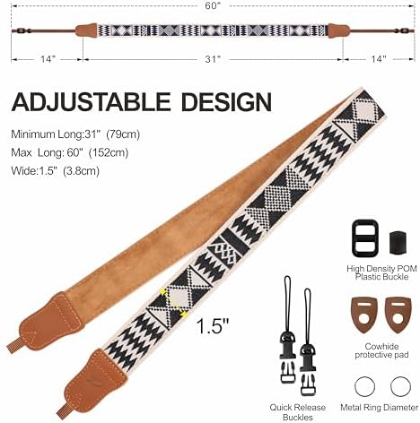 Padwa Lifestyle Diamonds Camera Strap - 1.5" Crazy Horse Cowhide Ends Camera Straps for Photographers, Cute Cotton Weave Soft Suede Fabric Padded Strap fits All Cameras for Adults & Kids - Image 6