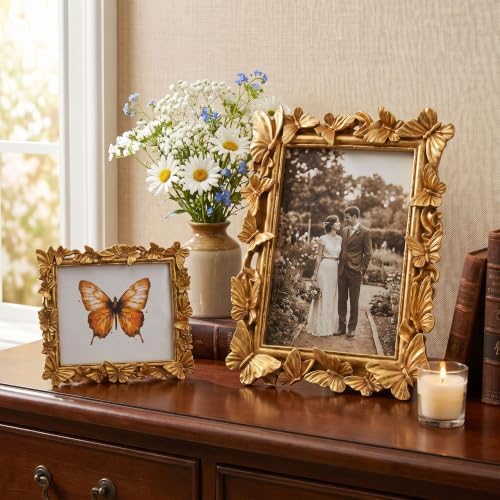 Gold 8X10 Vintage Picture Frames Golden Butterfly Elegant Retro European Design, Antique Photo Frame for Wall Hanging and Tabletop Display, Retro Design Home Decor - Image 2