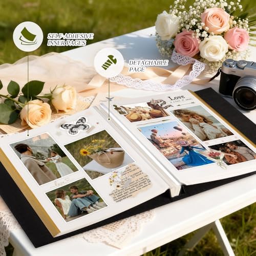 Lanpn Couples Scrapbook Photo Album - The Story of Us, Linen Wedding Anniversary Self Adheisve Picture Book holds 4x6 5x7 A5 Photo for Love Newlywed Valentine's Day (Large 40 Sheets/80 Pages, Green) - Image 3
