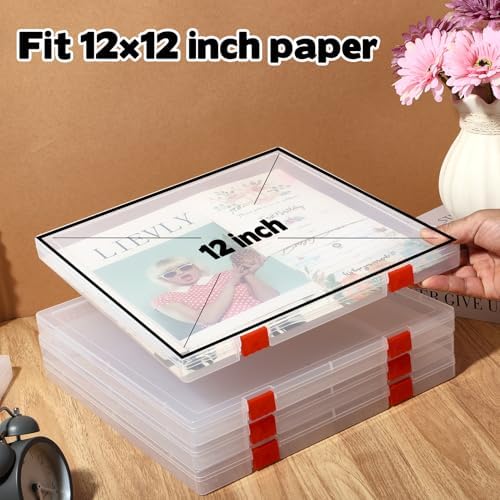 Rainmae 12"x12" Scrapbook Paper Storage, Stackable Plastic File Storage Box, Craft Paper Organizer Case, Textured Papers Storage Containers for Board Game, Document, Magazine, Art Supplies (6 Pack) - Image 3