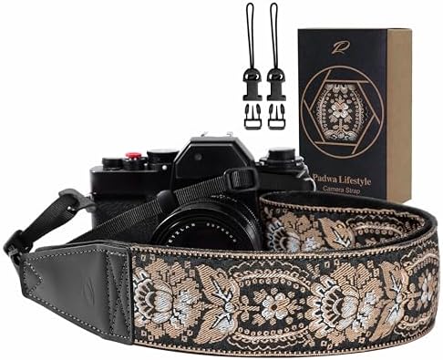 Padwa Lifestyle Camera Strap - 2" Full Grain Leather Ends Camera Straps for Photographers, Vintage Embroidered Cotton Weave Soft Suede Fabric Padded Strap Quick Release fits All Cameras by PadwaLifestyleCameraStrap