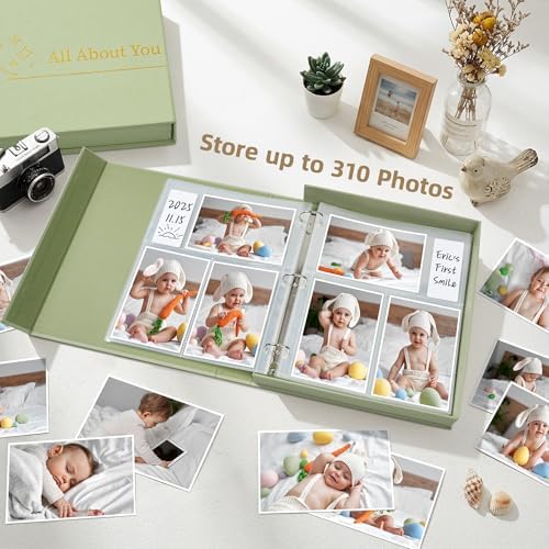 4x6 Photo Storage Box with 3-Ring Slip-In Album, Linen Binder Organizer with Gold Foil Cover, Holds 310 Photos with Blank Memo Cards for Memories & Keepsakes, Light Green - Image 5