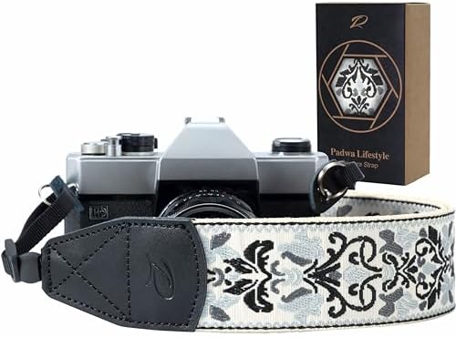 Padwa Lifestyle Camera Strap - 2" Wide Vintage Jacquard Embroidery Grey Flower Camera Straps with Genuine Leather Head,Adjustable Neck Shoulder Strap for All Cameras and Men & Women Photographers by PadwaLifestyleCameraStrap