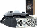 Padwa Lifestyle Camera Strap - 2" Wide Vintage Jacquard Embroidery Grey Flower Camera Straps with Genuine Leather Head,Adjustable Neck Shoulder Strap for All Cameras and Men & Women Photographers by PadwaLifestyleCameraStrap