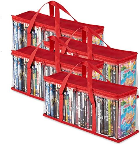 Stock Your Home DVD Storage Bags (Set of 4) Media Organizer Bag for DVDs, CDs, Blu Ray Disc, Movie Cases, VHS Box, Video Game Disks, Clear Plastic Holders with Carrying Handles and Zipper - Red by StockYourHome