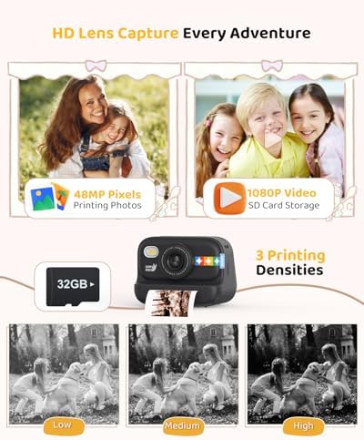 Kids Color Instant Print Camera – Kids Camera with 5 Color Photo Paper, 48MP & 1080P Video, 21 Fun Frames, 32G Card, Christmas/Birthday Gifts for Girls and Boys Ages 3 4 5 6 7 8 9 10 11 12 - Black - Image 7
