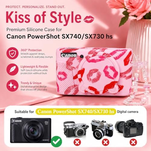 Cute Camera Case for Canon PowerShot SX740 HS/SX730 HS,Silicone Protective Cover with Removable Lens Cap,Wrist Strap & 2 Pack Tempered Glass Screen Protector for Women (Pink Lips) - Image 2