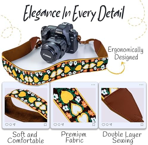 Art Tribute Camera Strap - Shoulder, Crossbody & Neck Camera Strap for Photographers, Fits All Cameras, Canon Nikon Sony Fujifilm, Padded Strap W/Quick Release, Embroidered Cotton & Leather Ends - Image 3
