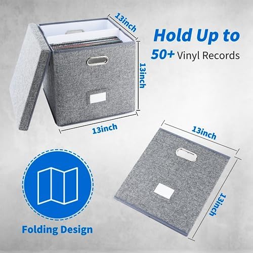 ZEDKEHO Vinyl Record Storage Box Set of 2 - Album Storage Holds 100+ Single Records, Decorative LP Storage Organizer Crate with Lid, Sturdy Moving Boxes for Records - Image 2