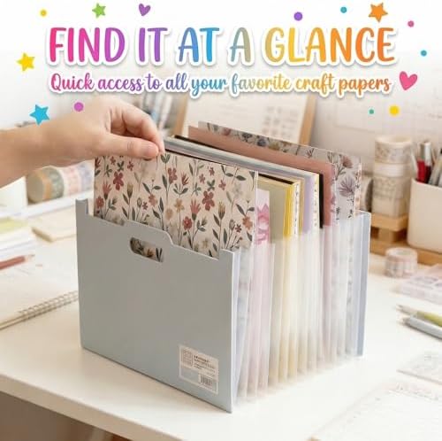 12x12 Scrapbook Paper Storage Organizer, Expandable 13 Pocket Desktop Paper Organizer Storage for Scrapbook Essentials, Large Scrapbook Storage for Photos, Washi Tape, Sticker (Light Blue) - Image 4