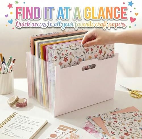 12x12 Scrapbook Paper Storage Organizer with 13 Expandable Pocket, Large Scrapbook Storage for Craft Room Organization, Sticker Storage, Desktop Paper Holder (Pink) - Image 5