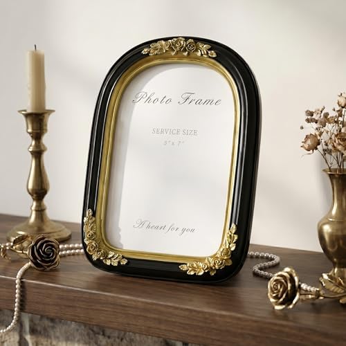 Cuspin 5x7 Picture Frame Black Gold Vintage Ornate Arched Resin Frame - Image 2