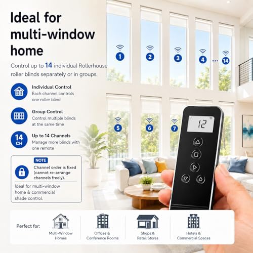 15-Channel Blind Remote Controller, Black -Replacement for Motorized Roller Shades, Window Blinds & Shades - Compatible with Rollerhouse ERB22,ERB25, EY1612, EY2512 Motors - Image 3