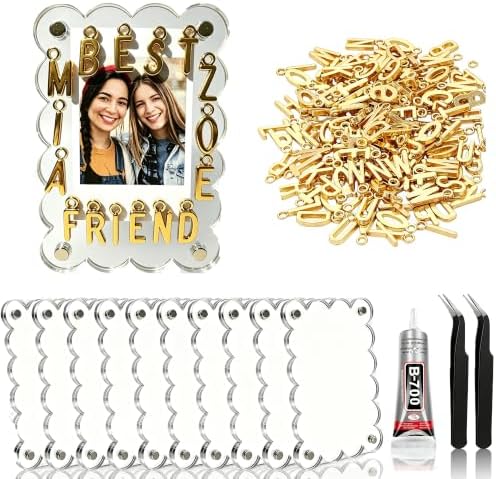 10 Sets DIY Acrylic Fridge Magnetic Frame Craft Kit - Includes 10 Mini Scalloped Magnetic Picture Frames (2.36 x 3.54 Inch), 6 set A-Z Metal letter decoration, , Locker & Wall Decor (transparent and Metal letters) by Unknown