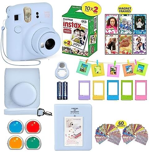 Fujifilm Instax Mini 12 Instant Camera Pastel Blue + Shutter Compatible Carrying Case + Fuji Film Value Pack (20 Sheets) + Shutter Accessories Bundle, Color Filters, Photo Album, Assorted Frames. by FUJIFILM