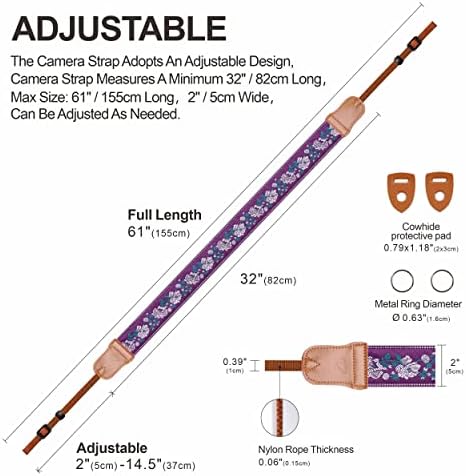 Padwa Lifestyle Purple Flowers Embroidered Camera Strap - Double Layer Cowhide Ends,2" Cotton Vintage Camera Straps, Adjustable Neck & Shoulder Strap for All DSLR Cameras,Great Gift for Photographers - Image 4