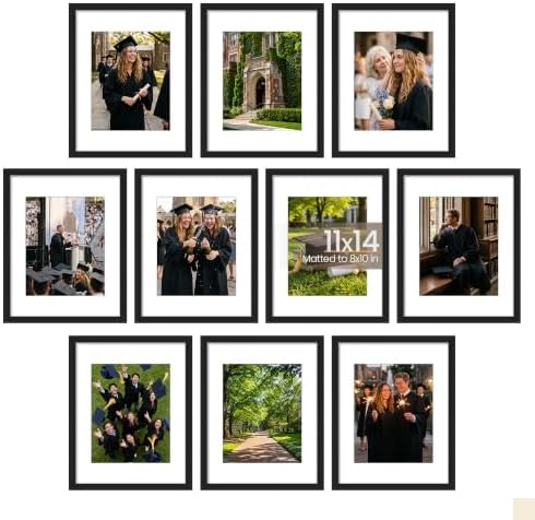 upsimples 11x14 Picture Frame Set of 10, Display Pictures 8x10 with Mat or 11x14 Without, Multi Photo Frames Collage for Wall Display, Black by upsimples
