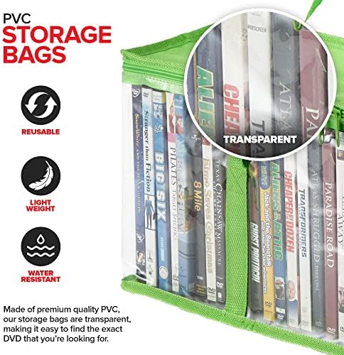 Stock Your Home DVD Storage Bags (Set of 6) Media Organizer Bag for DVDs, CDs, Blu Ray Disc, Movie Cases, VHS Box, Video Game Disks, Clear Plastic Holders with Carrying Handles and Zipper - Green - Image 3