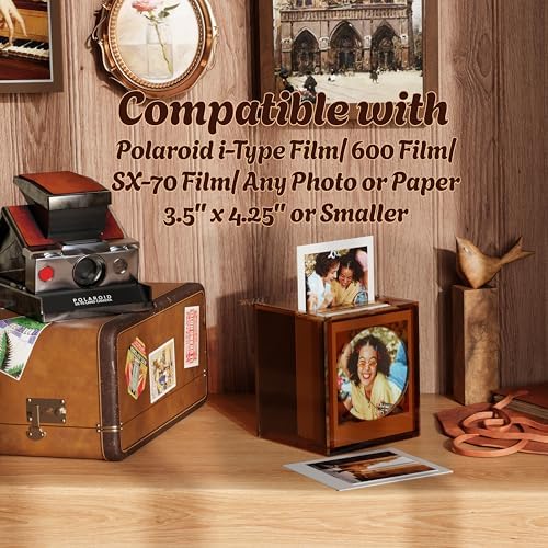 WINKINE Acrylic Polaroid Frame & Photo Storage Box for i-Type/600/SX-70 Films, 4.2''x3.5'' Film Frame, Vintage Box with Sliding Lid, Amber, 1 Pack - Image 2