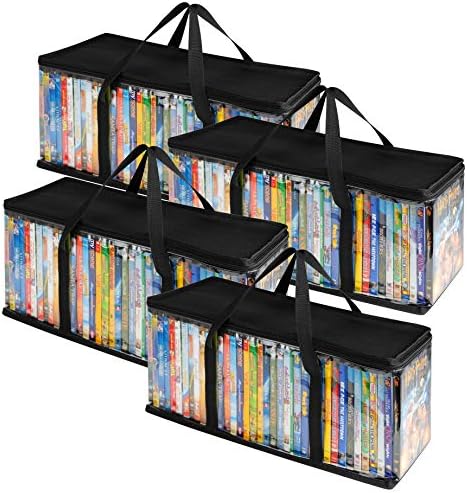 Stock Your Home DVD Storage Bags (Set of 4) Media Organizer Bag for DVDs, CDs, Blu Ray Disc, Movie Cases, VHS Box, Video Game Disks, Clear Plastic Holders with Carrying Handles and Zipper - Black by StockYourHome