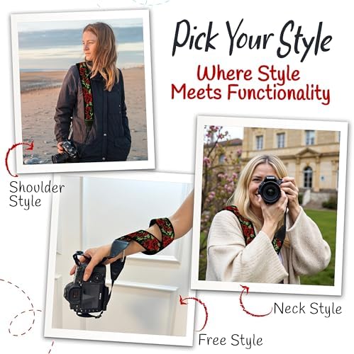 Camera Strap - Shoulder, Crossbody & Neck Camera Strap for Photographers, Fits All Cameras, Canon Nikon Sony Fujifilm, Padded Strap W/ Quick Release, Embroidered Cotton & Leather Ends, Red Roses - Image 6