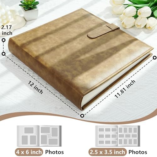 Vienrose Scrapbook Photo Album with Writing Space 12" x 12", Premium DIY Scrapbooking Albums with 100 Pages, Large Photos Book Faux Leather Cover for Wedding Family Baby Travel Graduation, Light Brown - Image 2