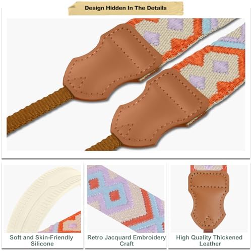 FIEIL Neck Strap Silicone Camera Straps - Padded Camera Strap, 1.5" Wide Adjustable Neck Strap - Compatible with Canon, Nikon, Sony, and More DSLR and Mirrorless Cameras (Orange purple khaki weave) - Image 3