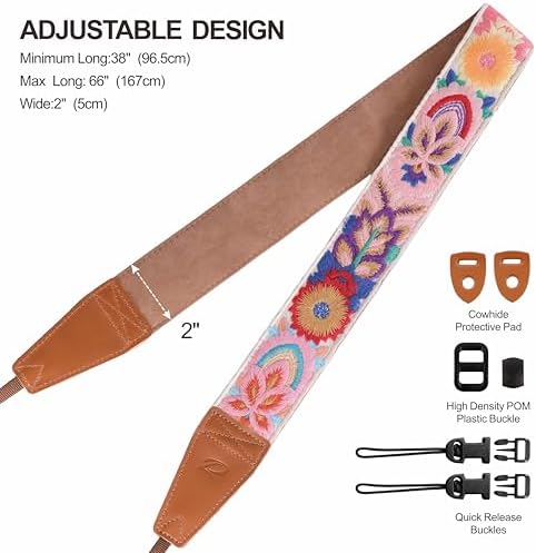Padwa Lifestyle Colorful Knit Camera Strap - 2" Full Grain Leather Ends Camera Straps for Photographers, Vintage Embroidered Cotton Soft Suede Fabric Padded Strap Quick Release fits All Cameras - Image 6