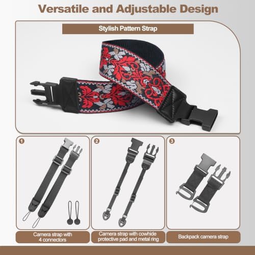 Adjustable Camera Neck Strap, Vintage Embroidered Shoulder & Crossbody Camera Strap with 4 Connection Ways, Anti-Slip Camera Strap for DSLR, Mirrorless & Camcorder, Travel & Outdoor Photography Gear - Image 4
