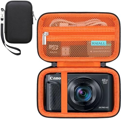 RAIALL Camera Case for Canon PowerShot SX740 HS/ SX730 HS/ SX720 HS/ SX620 HS Digital Camera, Hard Carrying Case Protective Travel Bag, Mesh Pocket for Batteries and USB Cable, Black+Orange by RAIALL